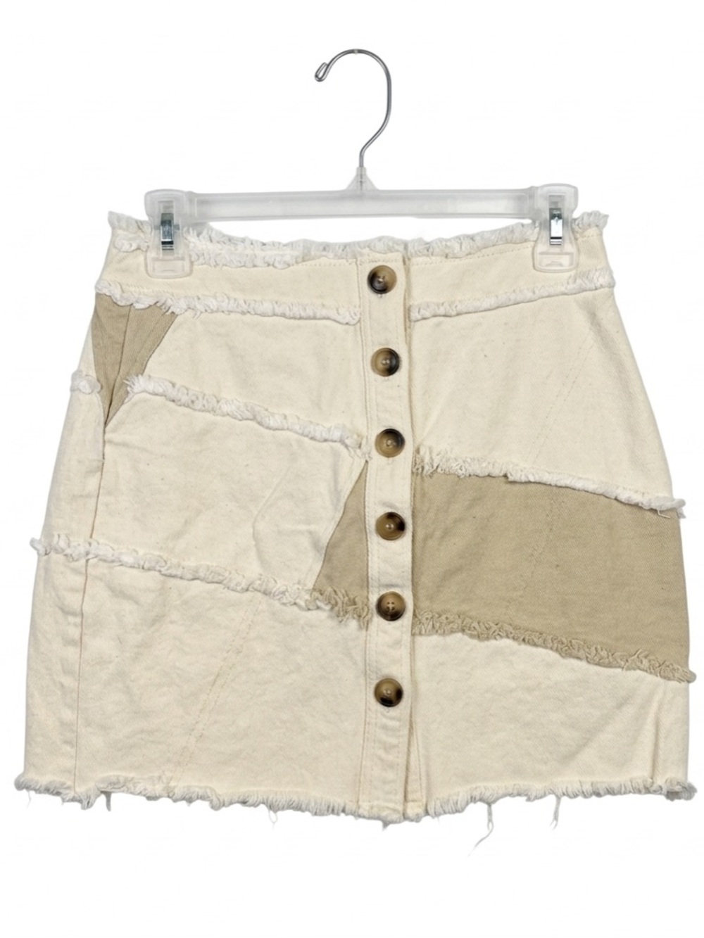 Button-Front Patchwork Mini Skirt in Cream & Tan